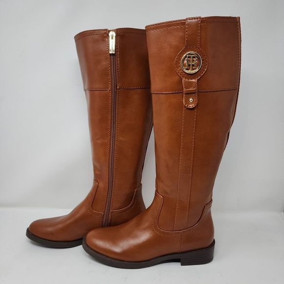 Tommy Hilfiger Riding Boots Womens 5 Tan Brown Knee High Logo Spell Out Shoes - Picture 2 of 9